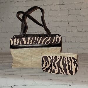 Estee Lauder Mini Tote with coin purse Tan Burlap and Brown and Tan Zebra Print